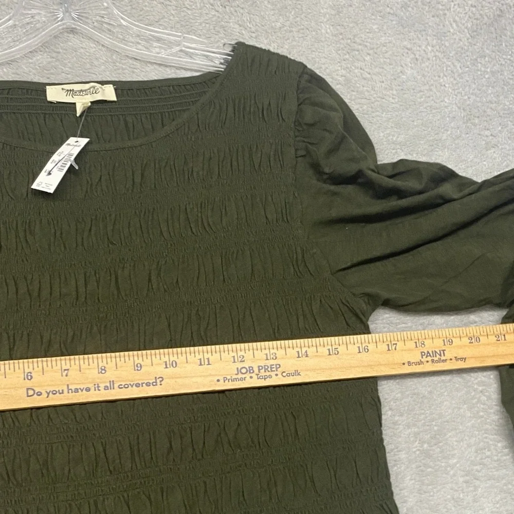 Madewell Shirt Large Smocked Boatneck Top Olive Green Puff Sleeve NY504